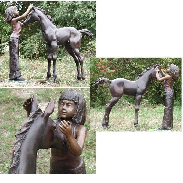 Life Size Bronze Horse Statue Girl and Her Baby Foal Bonding